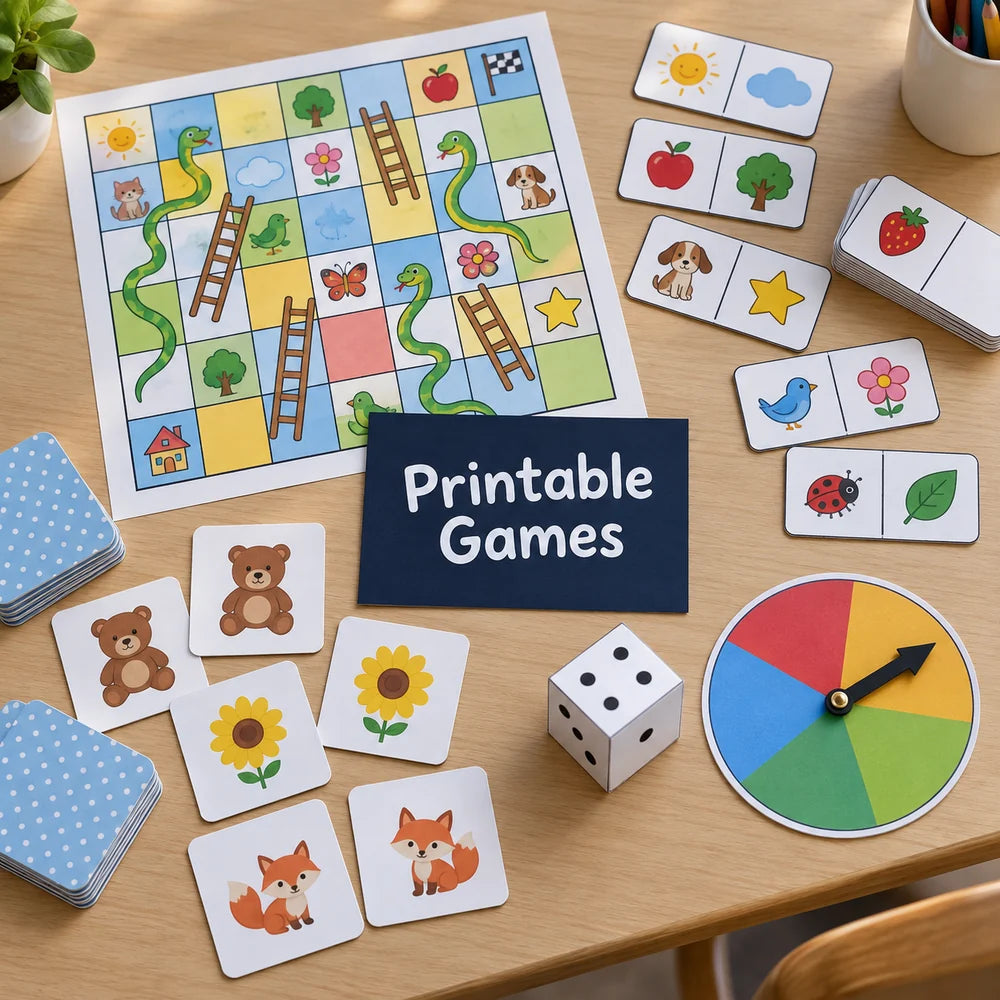 Printable Games Pack — board games, dominoes and memory